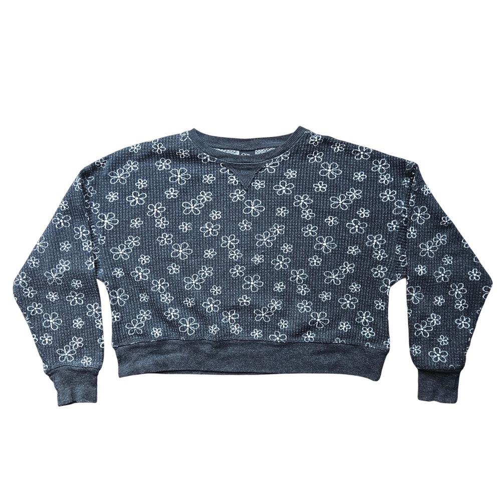 Art Class Kids Girls L 10/12 Charcoal Gray Floral Waffle Knit Thermal Top